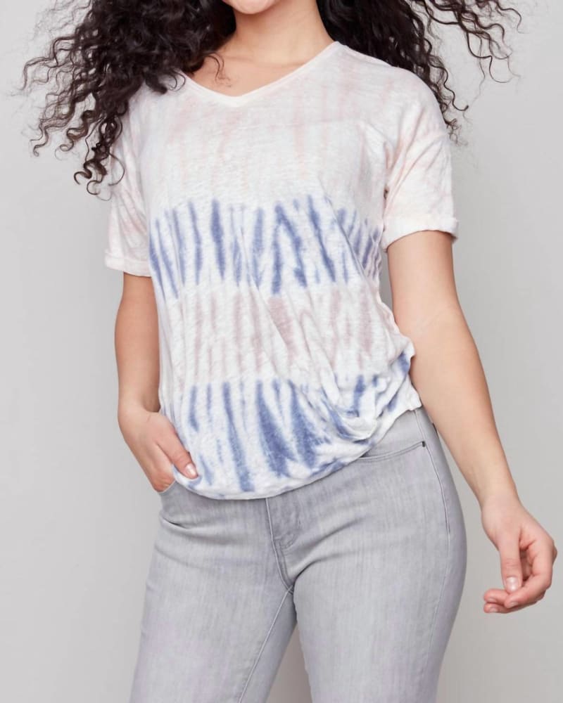 Front of a model wearing a size XL Tie Dye Linen Knit Top in Pearl in Pearl by CHARLIE B. | dia_product_style_image_id:341044